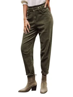 Pantalon Lara Veluto en coton kaki uni, coupe boyfriend en velours côtelé
