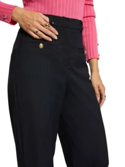 Pantalon marine motif rayé coupe bootcut avec des boutons décoratifs dorés