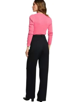 Pantalon marine motif rayé coupe bootcut avec des boutons décoratifs dorés