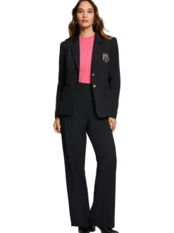 Pantalon marine motif rayé coupe bootcut avec des boutons décoratifs dorés