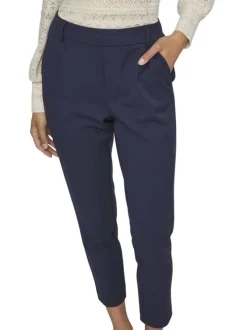Pantalon marine uni avec une coupe cigarette et une taille intermédiaire