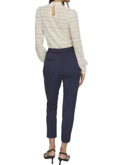 Pantalon marine uni avec une coupe cigarette et une taille intermédiaire