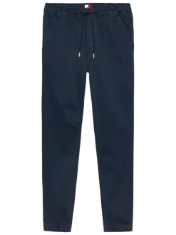 Pantalon marine uni en coton avec une coupe droite et une taille élastiquée