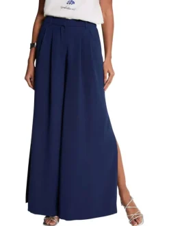 Pantalon marine uni pourvu d'une coupe large et de détails plissés