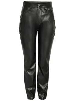 Pantalon noir enduit à coupe droite avec 2 poches et surpiqûres noires