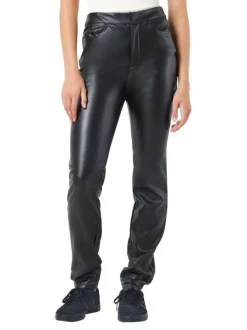 Pantalon noir enduit à coupe droite avec 2 poches et surpiqûres noires