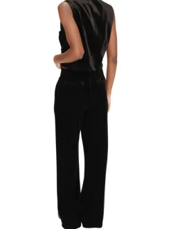 Pantalon noir uni en velours avec une coupe droite et une taille haute