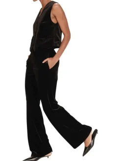 Pantalon noir uni en velours avec une coupe droite et une taille haute