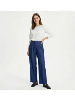 Pantalon Pely bleu uni pourvu d'une coupe droite et d'une taille haute