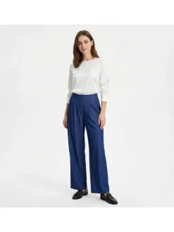 Pantalon Pely bleu uni pourvu d'une coupe droite et d'une taille haute