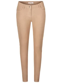 Pantalon 5 Poches beige uni avec une coupe slim et des passants pour ceinture
