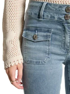 Pantalon 5 Poches bleu jean clair uni slim avec fermeture zippée et boutons
