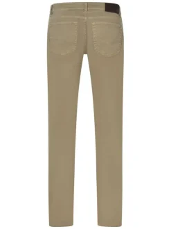 Pantalon 5 poches en coton beige uni à coupe tapered avec jacron brun