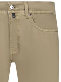 Pantalon 5 poches en coton beige uni à coupe tapered avec jacron brun