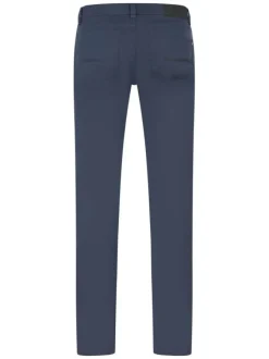 Pantalon 5 poches en coton bleu uni à coupe tapered avec logo métallique argenté