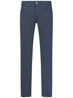 Pantalon 5 poches en coton bleu uni à coupe tapered avec logo métallique argenté