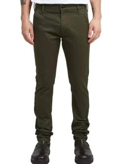 Pantalon 5 poches en coton kaki uni avec une coupe skinny et des passants