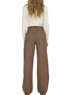 Pantalon 5 poches en coton mélangé brun uni avec une coupe droite