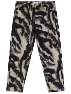 Pantalon 5 poches en coton noir et beige avec un imprimé animalier