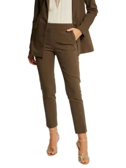 Pantalon 5 poches kaki uni avec une coupe droite et une taille élastiquée