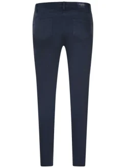 Pantalon 5 poches marine uni avec une coupe slim et un patch de la marque