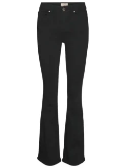 Pantalon 5 poches noir uni avec une coupe flare et une taille mi-haute