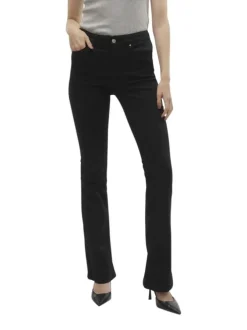Pantalon 5 poches noir uni avec une coupe flare et une taille mi-haute