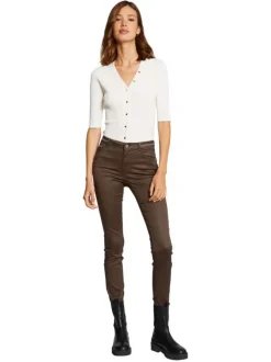 Pantalon 5 Poches taupe uni avec une coupe slim et des liserés