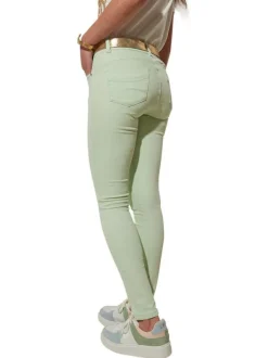 Pantalon 5 poches vert d'eau uni avec une coupe slim et un zip