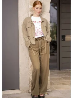 Pantalon 5 poches Xl Straight en lin mélangé marron uni avec une coupe bootcut