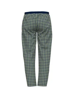 Pantalon pyjama en coton à carreaux sur fond marine, taille élastiquée à cordon