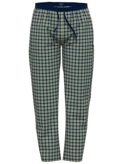 Pantalon pyjama en coton à carreaux sur fond marine, taille élastiquée à cordon