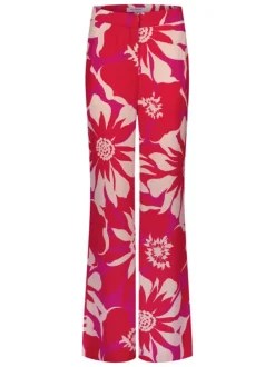 Pantalon rose ample et fluide imprimé avec des fleurs hawaïennes
