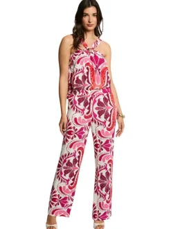 Pantalon rose à coupe droite orné de motifs et pourvu d'une taille élastiquée