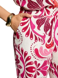 Pantalon rose à coupe droite orné de motifs et pourvu d'une taille élastiquée