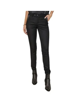 Pantalon Tessa Socially noir uni avec une coupe slim et tissu en nid d'abeille
