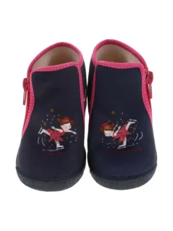Pantoufles bottillon TAFINI en cuir marine à motif patineuse artistique avec paillettes roses Made in France