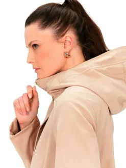 Parka beige unie droite à capuche avec poches et fermeture zip et pression