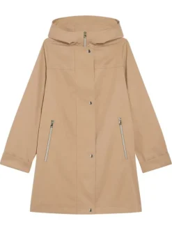 Parka beige unie droite à capuche avec poches et fermeture zip et pression