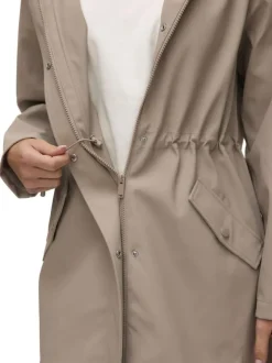 Parka à capuche beige unie à coupe droite resserrée à la taille