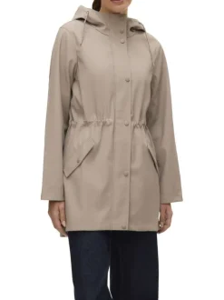 Parka à capuche beige unie à coupe droite resserrée à la taille