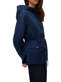 Parka à capuche courte marine unie à coupe droite avec un cordon à la taille