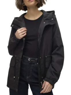 Parka à capuche courte noire unie à coupe droite avec un cordon à la taille