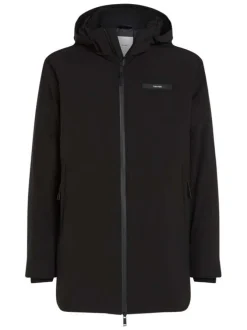 Parka à capuche noire unie avec une coupe mi-longue et des poches