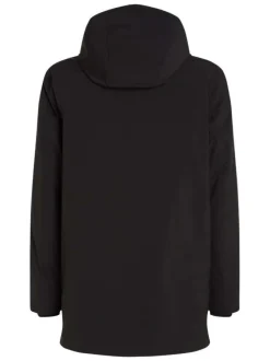 Parka à capuche noire unie avec une coupe mi-longue et des poches