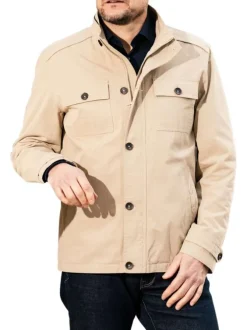 Parka en coton beige unie avec une coupe droite et un col montant