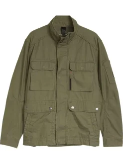 Parka en coton kaki uni avec une coupe droite et des poches plaquées à l'avant