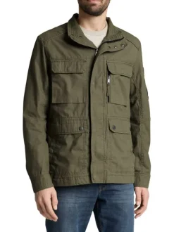Parka en coton kaki uni avec une coupe droite et des poches plaquées à l'avant