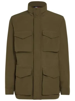 Parka kaki unie à coupe droite, col montant style saharienne