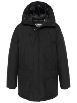 Parka longue noire unie à coupe droite avec un col à capuche et 4 poches